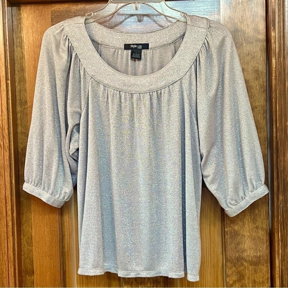Style &‎ Co. Petite Top Silver Metallic Sz LP EUC $5 ADD ON with $15+ Bundle